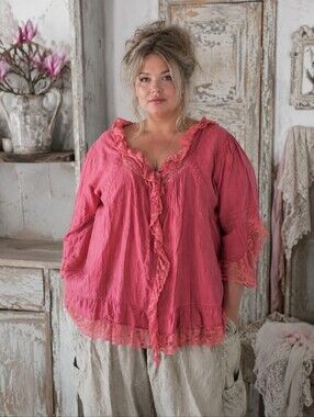 Vintage Y2K Denim 24/7 Boho Lace Top Size 20W Pink Button Front Flowy